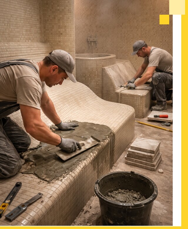 Лежаки для хамама под ключ в Южноуральске, проект и монтаж